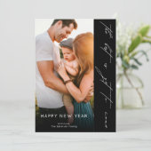 Happy New Year Handwritten Script Black Photo Feestdagenkaart (Staand voorkant)