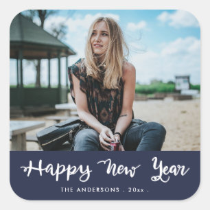 Happy New Year Handwrity Blue   Foto Vierkante Sticker