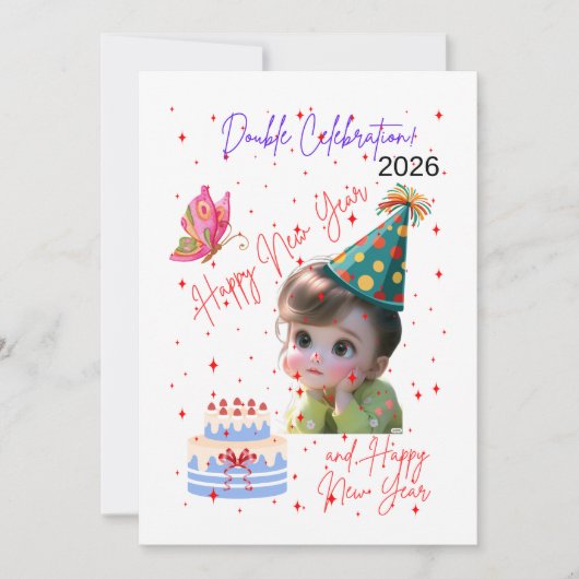 Happy New Year & Happy Birthday Double Celebration Feestdagenkaart (Voorkant)