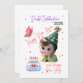 Happy New Year & Happy Birthday Double Celebration Feestdagenkaart (Voorkant / Achterkant)