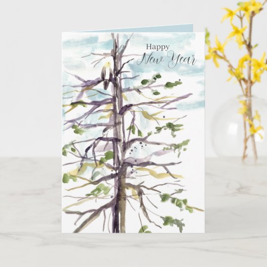 Happy New Year Hawk Winter Tree Winter Sky Kaart (Gele Bloem)