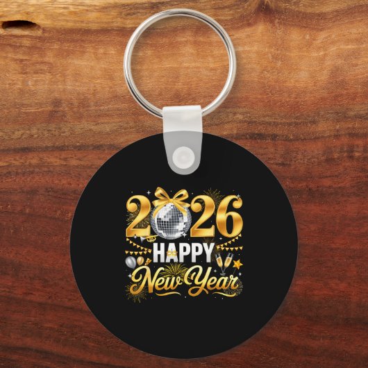 Happy New Year Hello 2026 Party Disco Ball Coquett Sleutelhanger (Voorkant)