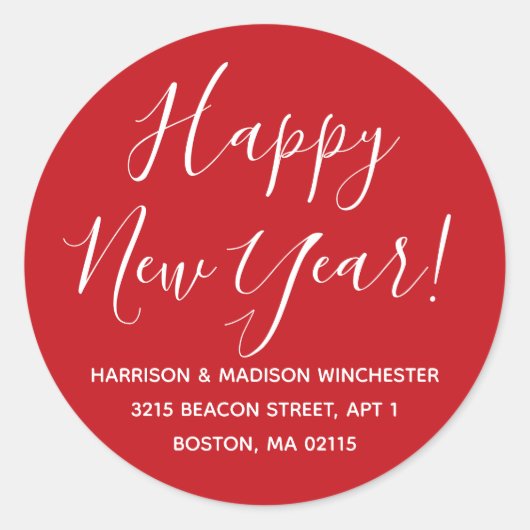 Happy New Year het rode witte de terugkeeradres va Ronde Sticker (Voorkant)