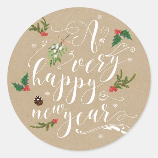 Happy New Year Holiday sticker label Holly (Voorkant)