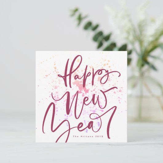 Happy New Year in maroon zomer handgeschreven teks Feestdagenkaart (Staand voorkant)