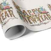 Happy New Year in Tree Trunks, Acorns and Flowers Cadeaupapier (Rol Hoek)