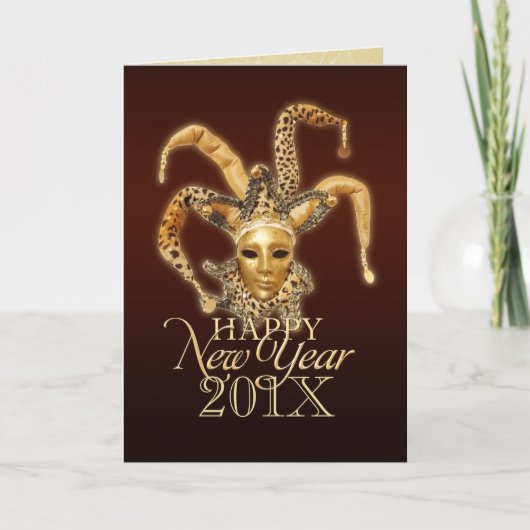 Happy New Year Jester Venetian Mask card Feestdagen Kaart (Voorkant)