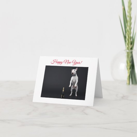 Happy New Year Jumping Bull Terrier met Champagne Feestdagen Kaart (Voorkant)