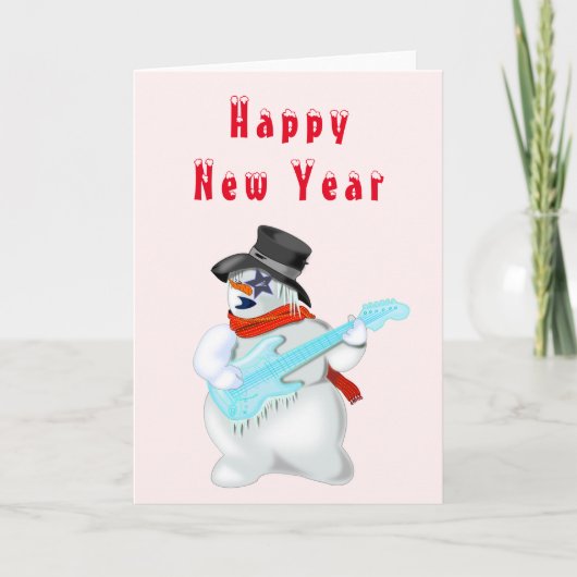 Happy New Year Kaart Snowman Guitar Player Musical (Voorkant)