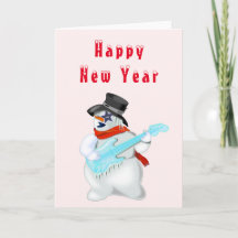 Happy New Year Kaart Snowman Guitar Player Musical