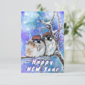 Happy New Year Kaart Sparrows Couin Winter (Staand voorkant)