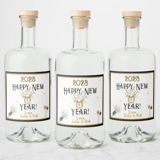 Happy New Year-klok, Pet, Confetti, Custom Champa Likeurfles Etiket (Flessen)