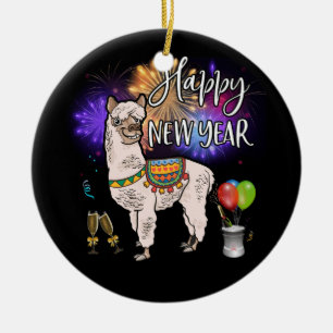 Happy New Year Llama Alpaca Fireworks Keramisch Ornament