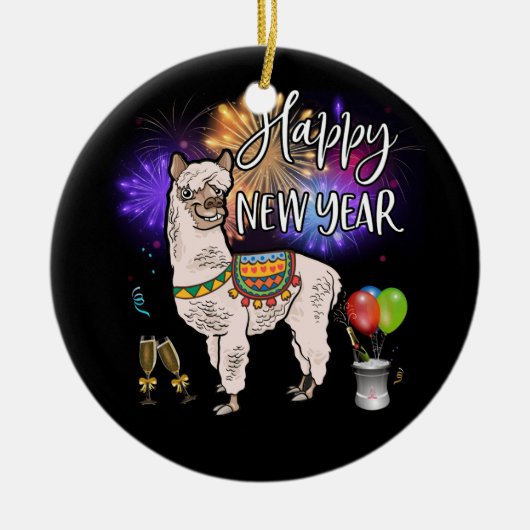 Happy New Year Llama Alpaca Fireworks Keramisch Ornament (Voorkant)
