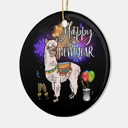 Happy New Year Llama Alpaca Fireworks Keramisch Ornament (Links)