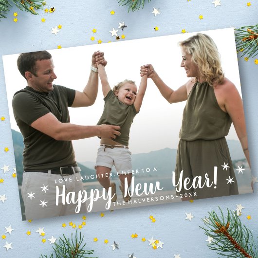 Happy New Year Love Laughter Cheer Custom Foto Feestdagenkaart
