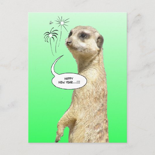 Happy New Year Meerkat Briefkaart Fireworks Green (Voorkant)