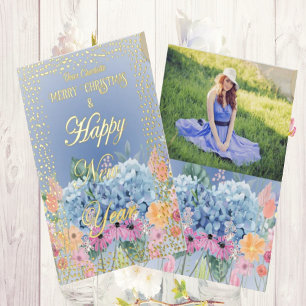 Happy New Year Merry KerstBlue Floral Foto Folie Feestdagenkaart