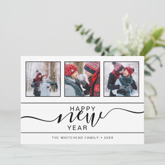 Happy New Year Modern 3 Photo Hand Lettering Feestdagenkaart (Staand voorkant)