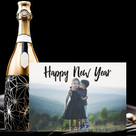 Happy New Year Modern Black Typography Chic Foto Feestdagenkaart