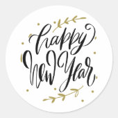 Happy New Year Modern Calligraphy Wreath Black Ronde Sticker (Voorkant)