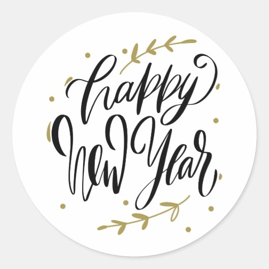 Happy New Year Modern Calligraphy Wreath Black Ronde Sticker (Voorkant)