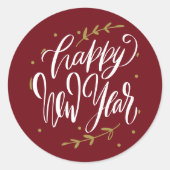Happy New Year Modern Calligraphy Wreath Burgundy Ronde Sticker (Voorkant)