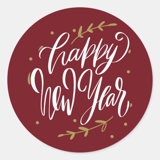 Happy New Year Modern Calligraphy Wreath Burgundy Ronde Sticker (Voorkant)