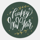 Happy New Year Modern Calligraphy Wreath Green Ronde Sticker (Voorkant)