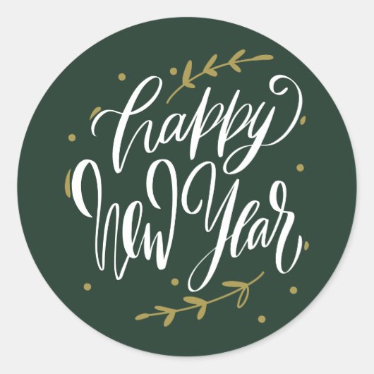 Happy New Year Modern Calligraphy Wreath Green Ronde Sticker (Voorkant)