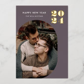 Happy New Year Modern Lijst Paars Gold Folie Feestdagenkaart (Voorkant)