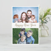 Happy New Year Modern Script 2 Photo Holiday Card Feestdagenkaart (Staand voorkant)