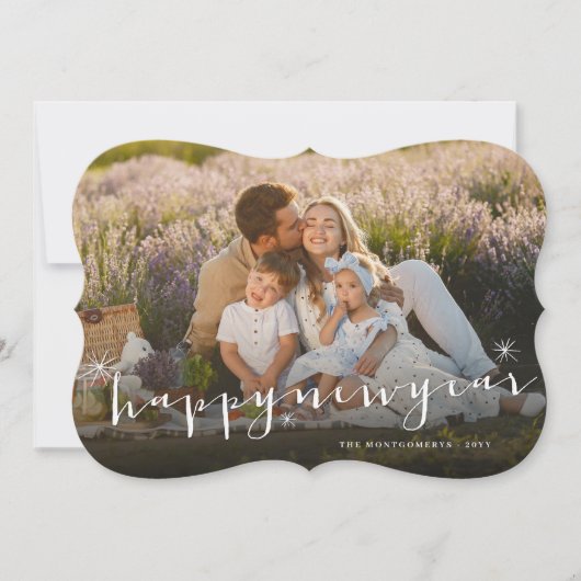 Happy New Year Modern Script Gold Starburst Foto Feestdagenkaart (Voorkant)