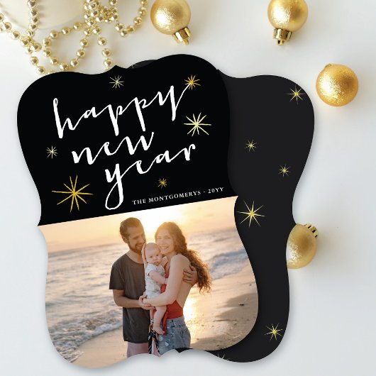 Happy New Year Modern Script Gold Starburst Foto Feestdagenkaart