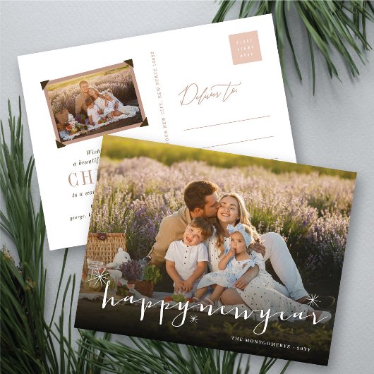 Happy New Year Modern Script Gold Starburst Foto Feestdagenkaart