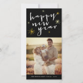 Happy New Year Modern Script Gold Starburst Foto Feestdagenkaart (Voorkant)