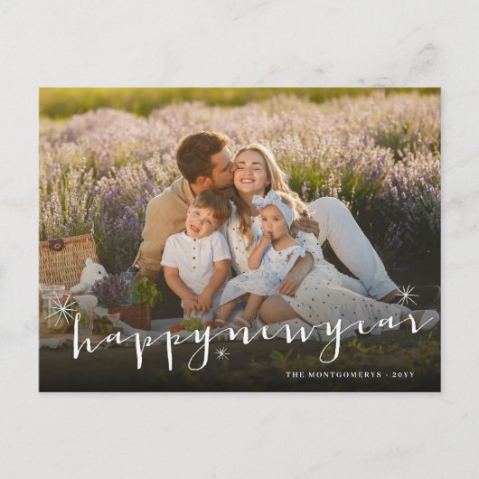 Happy New Year Modern Script Gold Starburst Foto Feestdagenkaart (Voorkant)