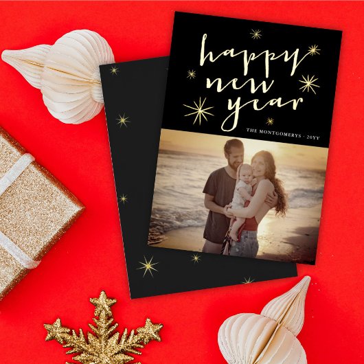 Happy New Year Modern Script Gold Starburst Foto Folie Feestdagenkaart