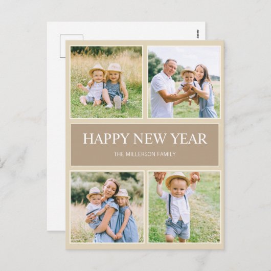 Happy New Year Modern Simple 4 Family Foto Feestdagenkaart (Voorkant / Achterkant)