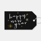 Happy New Year Moderne Script Chic Gold Starburst Cadeaulabel (Voorkant (Horizontaal))