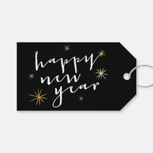 Happy New Year Moderne Script Chic Gold Starburst Cadeaulabel (Voorkant (Horizontaal))