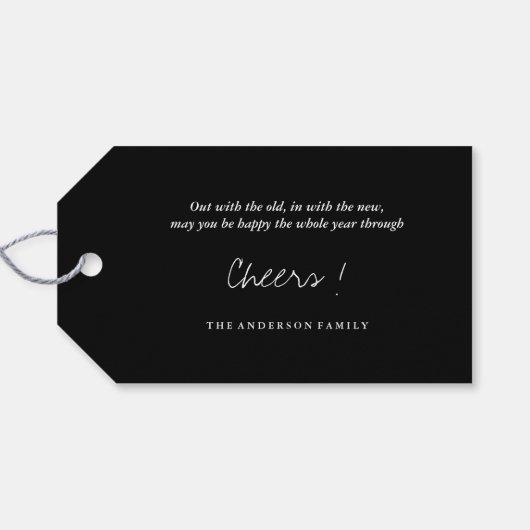 Happy New Year Moderne Script Chic Gold Starburst Cadeaulabel (Achterkant Horizontaal)