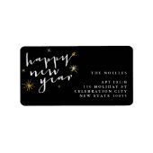 Happy New Year Moderne Script Chic Gold Starburst Etiket (Voorkant)