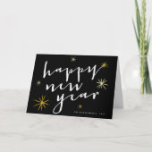 Happy New Year Moderne Script Chic Gold Starburst Feestdagen Kaart (Voorkant)