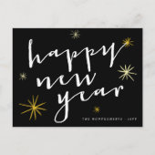 Happy New Year Moderne Script Chic Gold Starburst Feestdagenkaart (Voorkant)