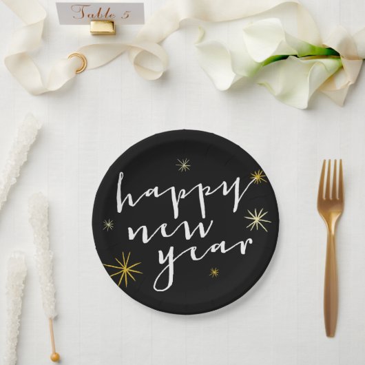 Happy New Year Moderne Script Chic Gold Starburst Papieren Bordje (Huwelijk)