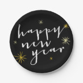 Happy New Year Moderne Script Chic Gold Starburst Papieren Bordje (Voorkant)