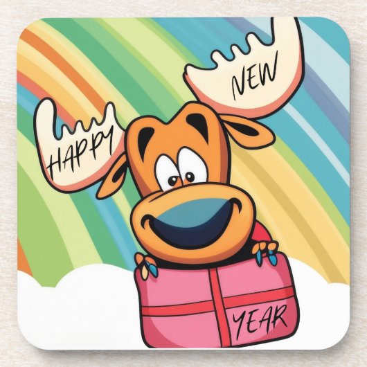 Happy New Year Moose - Feestelijke feestviering On Bier Onderzetter (Voorkant)