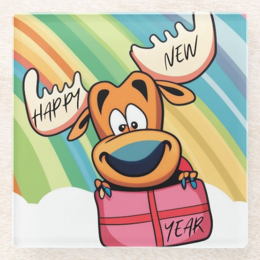Happy New Year Moose - Feestelijke feestviering On Glazen Onderzetter (Voorkant)