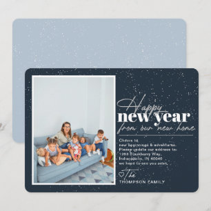 Happy New Year Moving Announcement Navy Foto Feestdagenkaart